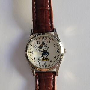 Disney Time Works Womens Watch White Dial Silver Case Brown Leather Quartz